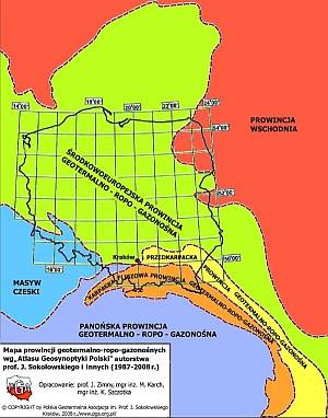 Mapa prowincji geotermalno-gazo-roponośnych wg Atlasu Geosynoptyki Polski, autorstwa prof. Juliana Sokołowskiego